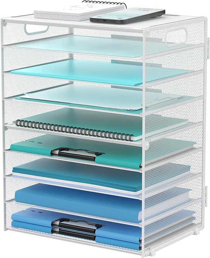 DALTACK 9-Tier Paper Letter Tray Desk Organizer with Handles, Mesh File Holder Organization, Paper Sorter Desk Organizer for Office Home School, White