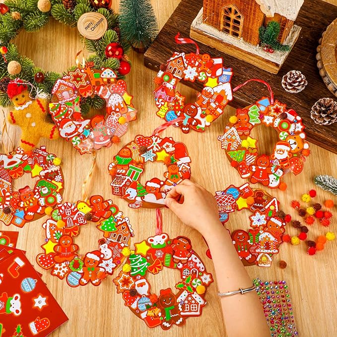 Hollowfly 48 Sets Christmas Wreath Craft Kits DIY Gingerbread Man Wreath Hanging Ornaments with Stickers for Christmas Xmas Party Supplies Favors Home Activities