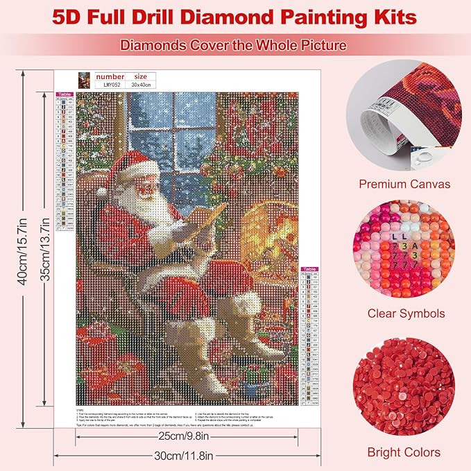 MEIYUDA Christmas Santa Claus Diamond Painting Kits for Adults, 5D Santa Claus Diamond Art Kits for Beginners, DIY Gem Art Crystal Painting for Home Wall Decor Gift 12x16inch