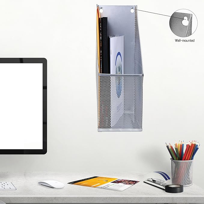 YBM HOME Steel Mesh Wall Magazine File Holder for Home & Office Organization, Serves as a Magazine Rack, Desk Organizer, Letter and Mail Bin, Holds Up to 20 Magazines - 2-Pack Silver, 1111-2