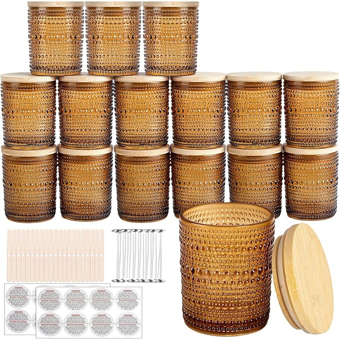 CONNOO 16pcs Pearl Candle Glass Jars with Natural Bamboo Lids, 7oz Thick Containers for Candle Making with Wicks & Stickers, Pearl Amber Jars for DIY Projects, Bulk Orders, Gifts & Home Décor