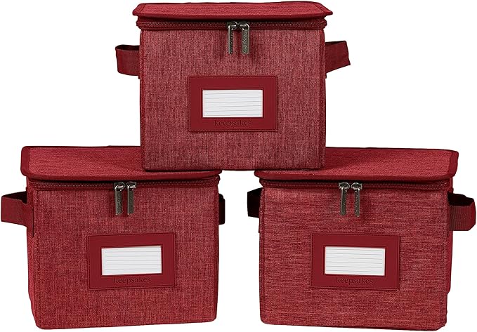Covermates Keepsakes Zip-Top Storage Box Set, 3 Pack Heavy Duty Polyester Organizer Bins, Stackable Design, ID Window, Reinforced Handles, Closet Home Storage, Red Heather