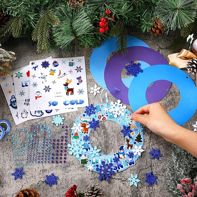 Hollowfly 48 Sets Winter Wreath Craft Kits DIY Snowflake Wreath Hanging Ornaments Make Your Own Paper Craft with Stickers for Winter Xmas Home Party Favors Activities