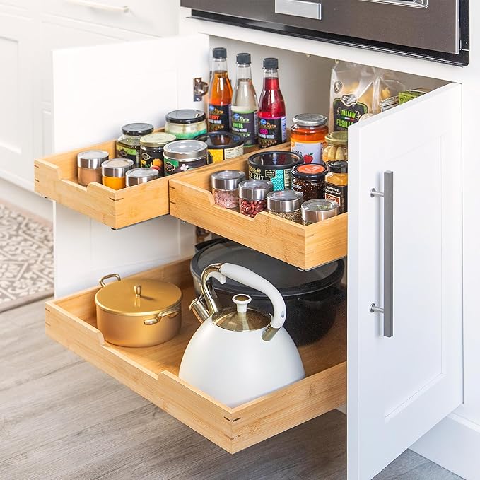 HOLDN’ STORAGE Bamboo Wooden Pull out Cabinet Organizer 26"W x 21"D Requires At Least a 27.25"W x 21"D Cabinet Opening W/Lifetime Limited Warranty, Bamboo Tray and Heavy Gauge Metal Rails