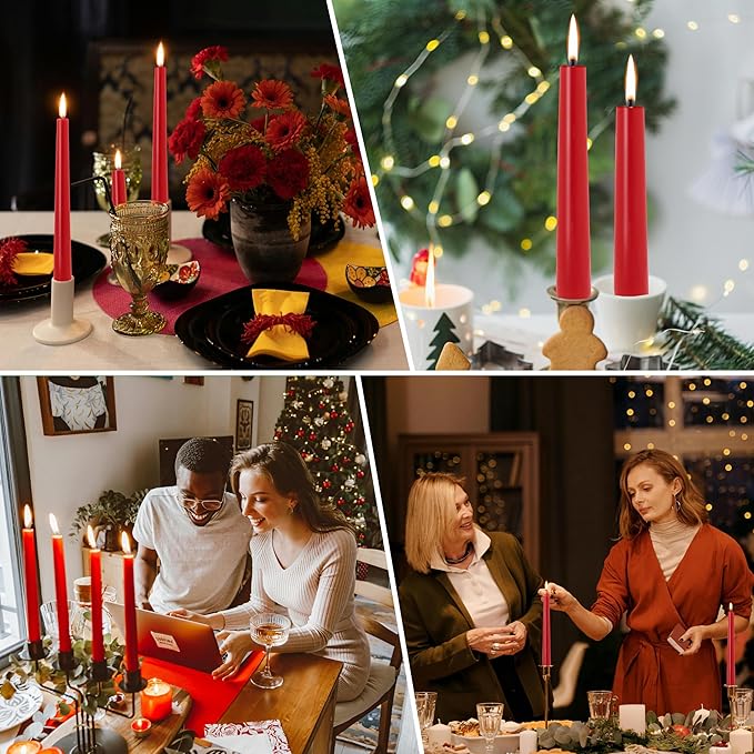 Red Taper Candles 10-Inch - Dripless Tall Christmas 12 Pack Tapered Candlesticks Unscented Smokeless Long Slow Burning Red Candle Sticks 8 Hours Paraffin Wax for Dinner Valentine’s Day Decor