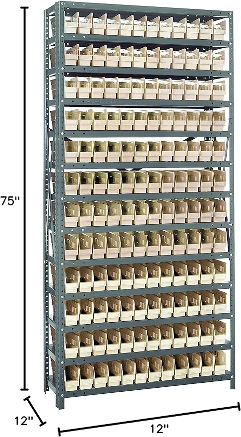 Quantum Storage Systems 1275-100IV Steel Shelving Unit with 4" Shelf Bins, 12" D x 36" W x 75" H, Ivory