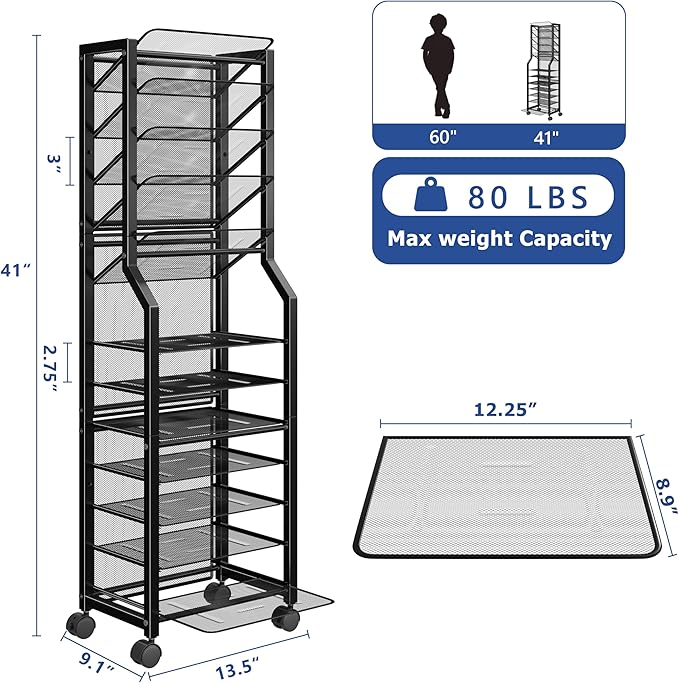 Simple Trending 12 Tier Rolling File Cart,Desk File Organizer with Sliding Trays and Wetal Mesh Paper Letter Storage Multi Functional Rolling Clutter Cart for Office, Home, School, Black