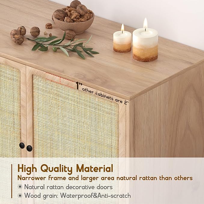 XIAO WEI Sideboard Buffet Cabinet with 2 Natural Rattan Decorated Doors, 31.5" W Accent Rattan Cabinet, Boho Credenza Storage Cabinet, for Living Room Dining Room Hallway, Metal Legs, Natural(3 PCS)