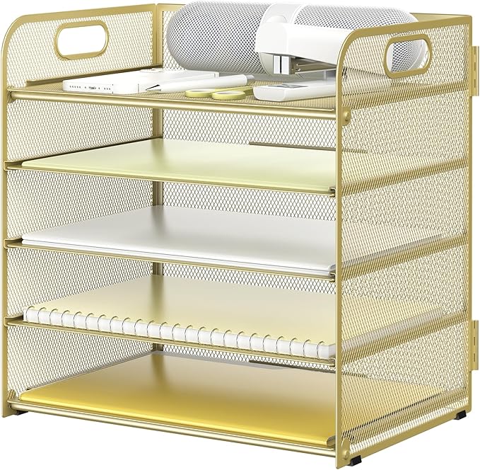 Sinboun Letter Tray Paper Organizer 5-Tier Desk Organizer File Organizer Paper Holder with Handle, Metal Desktop Document Shelf Tray Office Classroom Organization - Gold