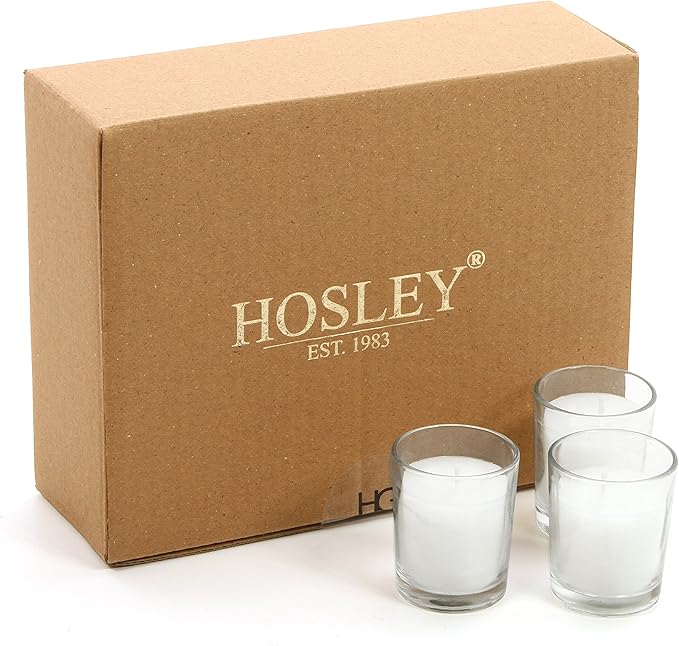 Hosley Set of 24 Unscented Clear Glass Filled Votive Candles. Hand Poured Wax Candle Ideal Gifts for Aromatherapy, Spa, Weddings, Birthdays, Holidays, Party.