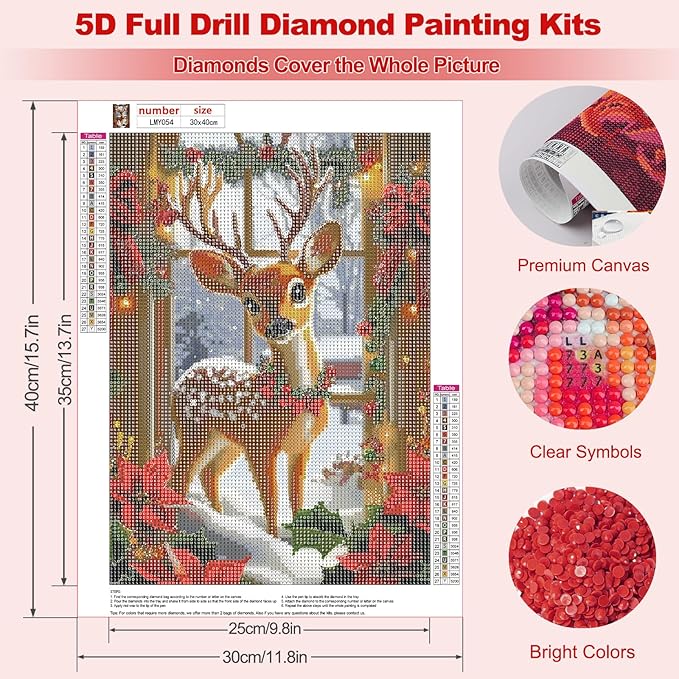 MEIYUDA Christmas Diamond Painting Kits for Adults, 5D Cute Deer Diamond Art Kits for Beginners, DIY Gem Art Crystal Painting for Home Wall Decor and Present 12x16inch