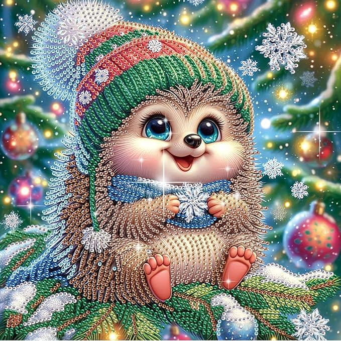 antor Christmas Diamond Painting Kit, 5D Special Shape Diamond Art for Adults, Cute Hedgehog on Christmas Tree DIY Crystal Rhinestones Diamond Painting, Holiday Wall Decor, Winter Home Decoration