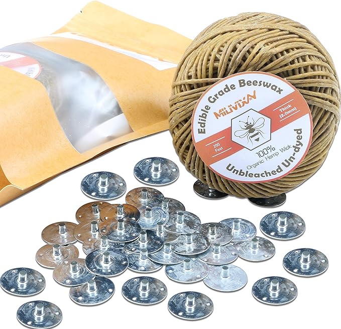 MILIVIXAY 100% Organic Thick Hemp Candle Wick with Natural Beeswax Coating, 200 FT Spool, Thick Size (2.0mm)+ Wick Sustainer Tabs (200PCS).