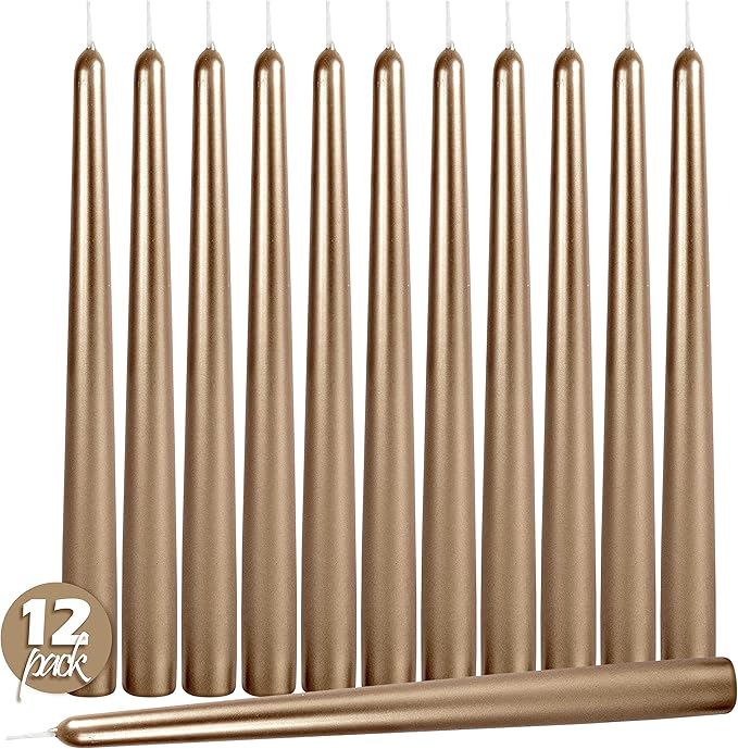 Hyoola Tall Metallic Antique Gold Taper Candles - 12 Inch - Dripless - 12 Pack - 10 Hour Burn Time