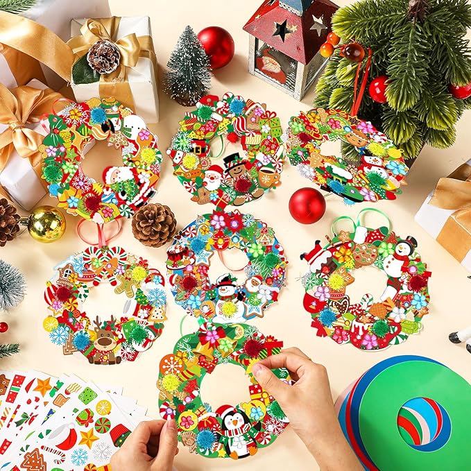 Hollowfly 48 Sets Christmas Wreath Craft Kits for DIY Santa Claus Wreath Hanging Ornaments Make Your Own Paper Xmas Craft with Stickers for Christmas Party Favors School Classroom Activities