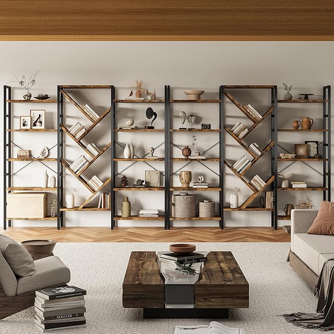 70x70 Triple 5 Tier Book Shelf, Large Wooden Bookcase with 17 Open Display Shelf, Modern Tree Bookshelf Metal Frame Tall Book Case Furniture for Living Room Bedroom Home Office Rustic Brown