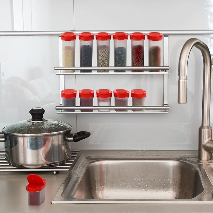 SIGNORA WARE Spice Jars with Lids -8 and 4 oz Refillable Empty Airtight Spice/Seasoning Containers Set -2 in 1 Pour/Sift Shaker Lids Clear Plastic Spice/Seasoning Organizer Kitchen/Travel 8 pk.Red