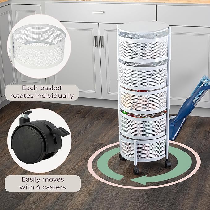 Home-Complete Kitchen Storage Rolling Cart with Wheels - 5 Tier Rotating Fruit and Vegetable Baskets for Kitchen Organization and Storage - Metal Cart for Pantry, Bathroom, or Craft Room (White)