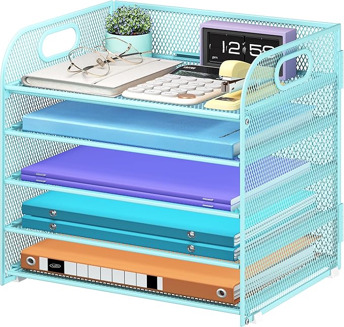 Cawukege 5 Tier Paper Organizer with Handle, Blue Metal Mesh Desk Organizer File Folder Paper Letter Tray Desktop Document Sorter for Classroom, School, Office Accessories Organization and Storage