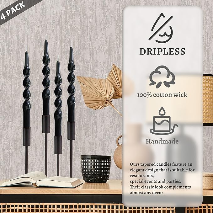 Dripless Unscented Spiral Candles 10 Inch Black Smokeless Long Burning Twist Design Candlesticks for Home Décor Dinner Party Romantic Evenings