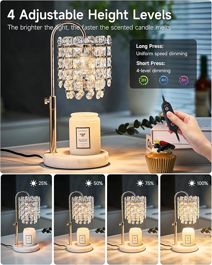 Candle Warmer Lamp with Timer Dimmer Adjustable Height Candle Warmer with Marble Base for Jar Candles,Candle Lamp with 3 Bulbs for New Home Decor, Women Mom Christmas Birthday Gifts, French Gold
