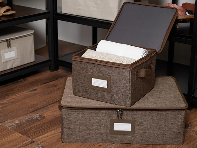 Covermates Keepsakes Zip-Top Storage Box Set, 3 Pack Heavy Duty Polyester Organizer Bins, Stackable Design, ID Window, Reinforced Handles, Closet Home Storage, Brown Heather