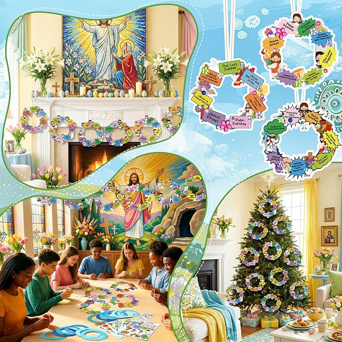 Hollowfly 48 Sets Religious Wreath Craft Kit Bulk Holy Week Wreath Crafts Kit Religious Jesus Ornaments DIY Paper Jesus Craft Decorations with Stickers for Christian Party Activities