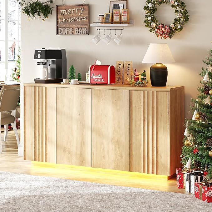 63'' Buffet Cabinet with Storage, Coffee Bar with 4 Doors & 2 Adjustable Shelves, Modern Sideboard Table with 3 Color LED Light for Kitchen (Wood)