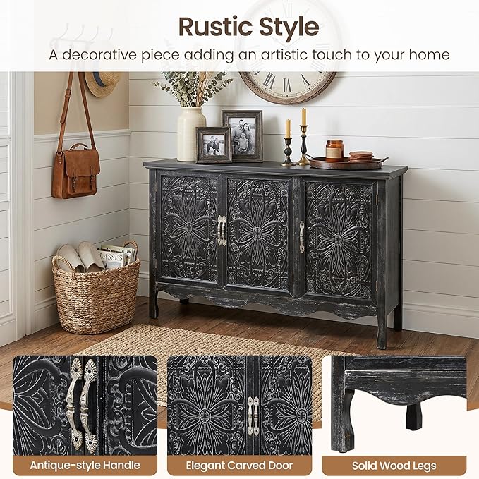 RoyalCraft Buffet Cabinet with Storage, Vintage Solid Wood Sideboard with 3 Carved Doors, Painted Coffee Bar Console Table for Dining Room, Living Room, Kitchen, Distressed Black