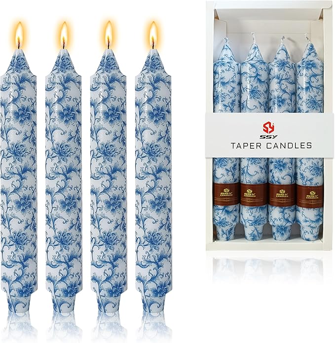 9 Inch Blue and White Thick Taper Candles Hand Poured Smokeless Unscented Clean Burning Chinoiserie Floral Candles for Wedding Centerpiece Nautical Ceremony Tall Candle Sticks