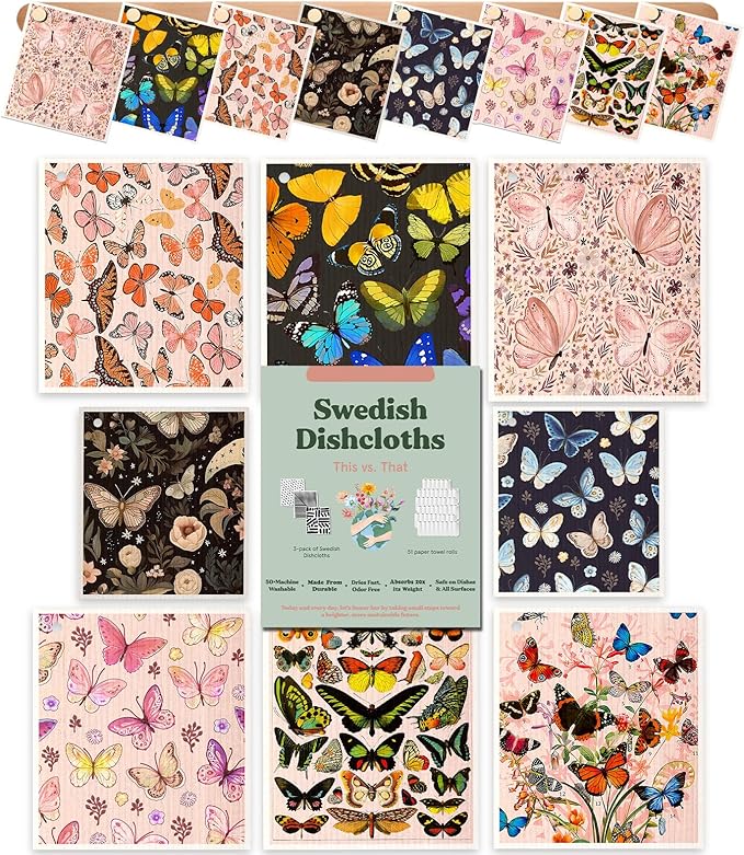 Miss Adola 8 Pack Reusable Kitchen Swedish Dishcloths for Washing Dishes Cloths Absorbent Fast Drying Cleaning Sponge Cute Decorate Washable Swedish Towels, Butterfly