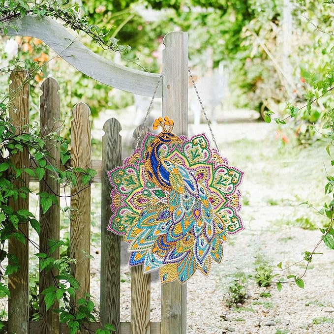 Diamond Art Painting Peacock Hanging Signs with LED Light String DIY 5D Peacock Diamond Art Wreath Hanging Pendant Special Shaped Beads Paint by Number Mosaic Kits for Garden Home Wall Spring Decor