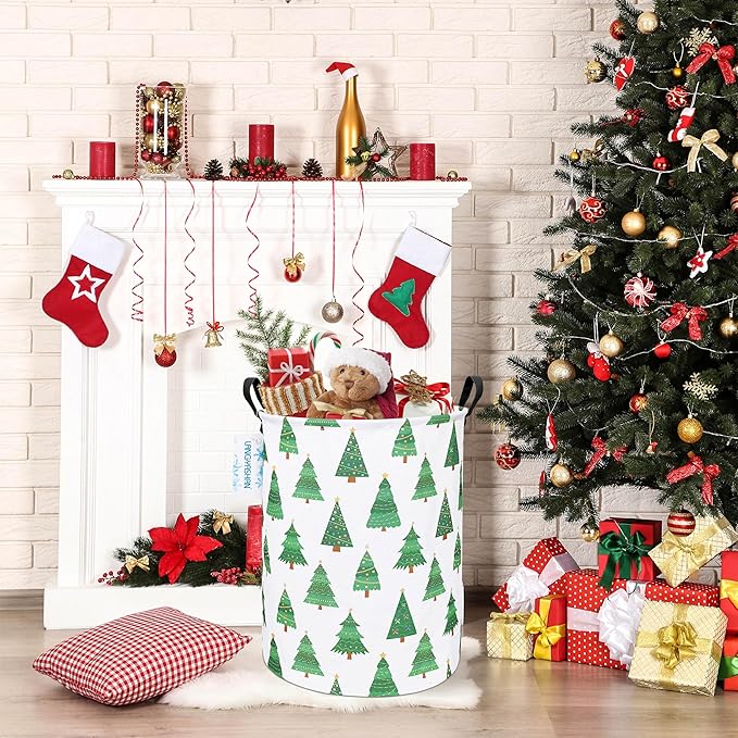 LANGYASHAN Laundry Basket Canvas Fabric Collapsible Organizer Basket for Storage Bin Toy Bins Gift Baskets Bedroom Clothes Children Nursery Hamper (Christmas Tree)