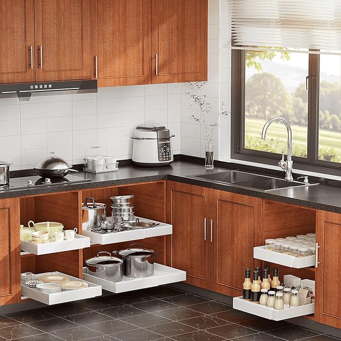 4 Pack Pull Out Cabinet Organizer for Pots and Pans, Upgraded 3-Slide Rail System with Adhesive Pads, Expandable Width (15.2"-26.2") Fits 21" Deep Framed/Frameless Cabinets, White Slide-Out Shelves