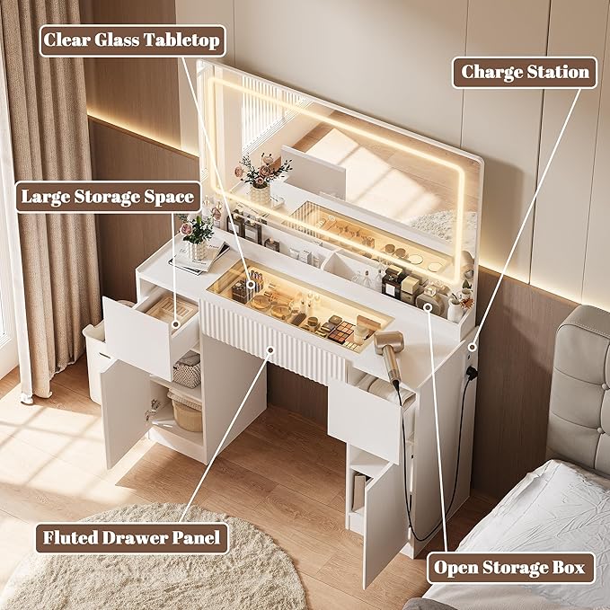 INNOD 44" Vanity Desk with Large Mirror and Lights, Modern Glass Top Makeup Vanity Set with Power Outlet, 3 Drawers and 2 Cabinet, 3 Lighting Color Adjustable Dressing Table for Bedroom,Pure White