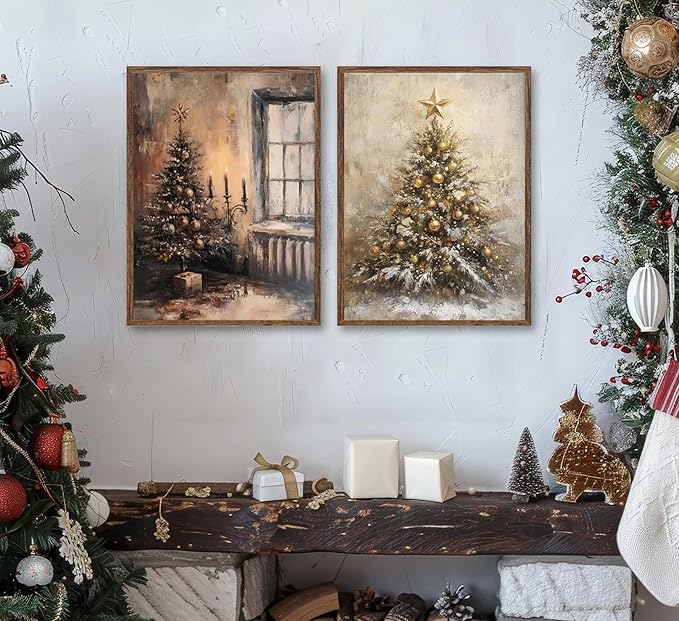 Paint by Number Kit, 2 Pack Christmas Scenes (16x20 Inch Each) - Vintage Tree with Candles & Golden Snowy Tree, DIY Acrylic Painting Kits for Adults Home Decor Unframed