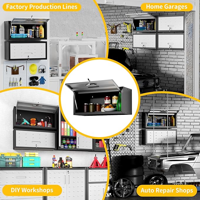 Garage Storage Cabinets Wall Mount, Metal Lockable Storage Cabinet with Flip-Up Door, Spacing Saving Wall Mount Cabinet Storage, Hanging Floating for Garage, Basement,Warehouse
