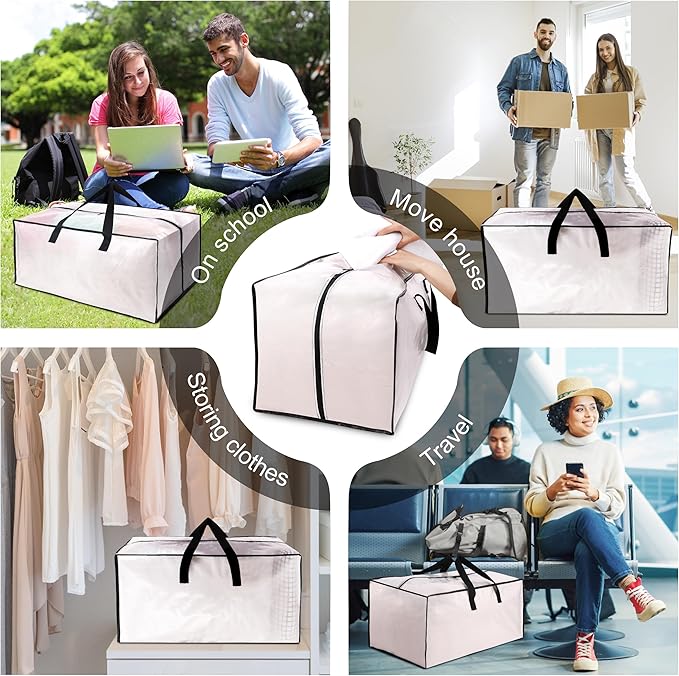 VELVETSURE 12 Pack Heavy Duty Large Moving Bags W/Backpack Straps - Strong Handles & Zippers, Storage Totes For Space Saving, Fold Flat, Alternative to Moving Box and Storage Bin, Semi-Transparent