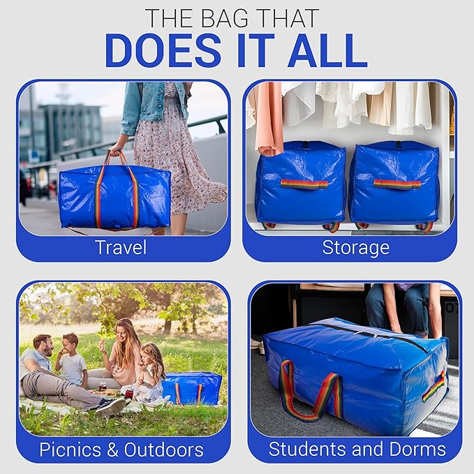 Strong180gsm Extra Large Moving Bags, Premium quality, Zipper Clothing Storage Tote, Three Carrying reinforced Handles, Versatile for Dorm, Packing, Storing, Organizing, Clothes, Blankets, Toys.
