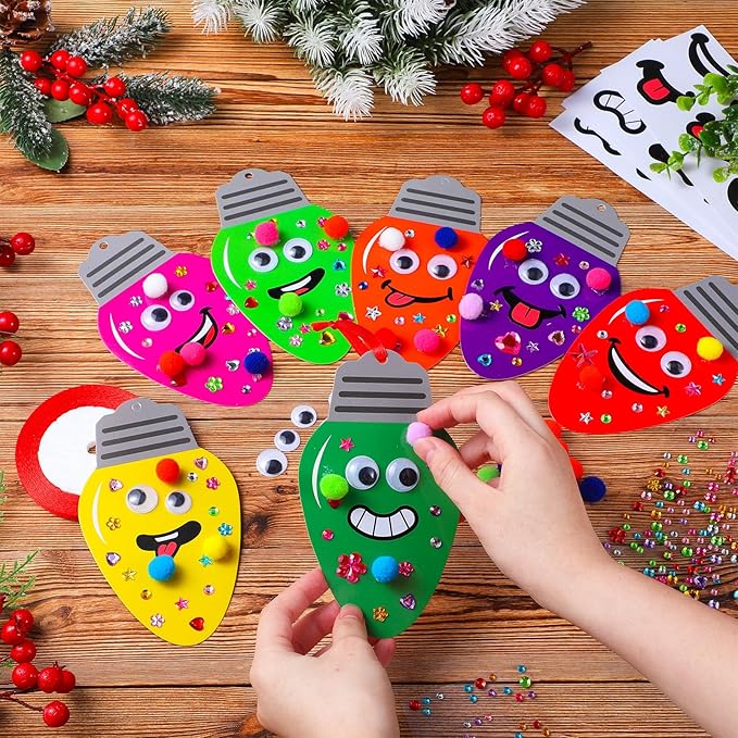 Funrous 48 Sets Christmas Crafts Kit Colorful Lights Bulbs Expression Paper Crafts DIY Xmas Tree Hanging Ornaments Decorations with Pompoms Diamond Stickers Eyes Arts Classroom Activities Party Favor