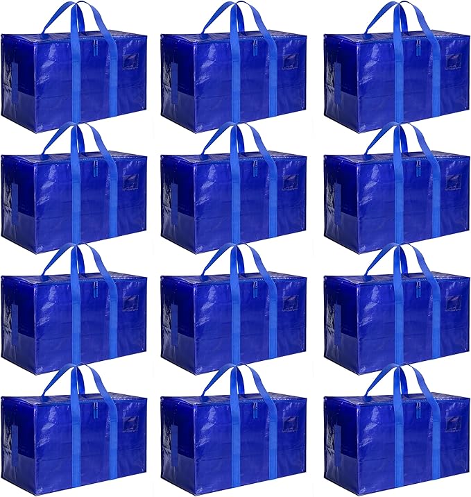 HealSmart 12 Pack Large Moving Bags with Zippers & Handles, Moving Supplies with lids, Heavy Duty Totes for Space Saving, Fold Flat, Moving and Storing, Blue