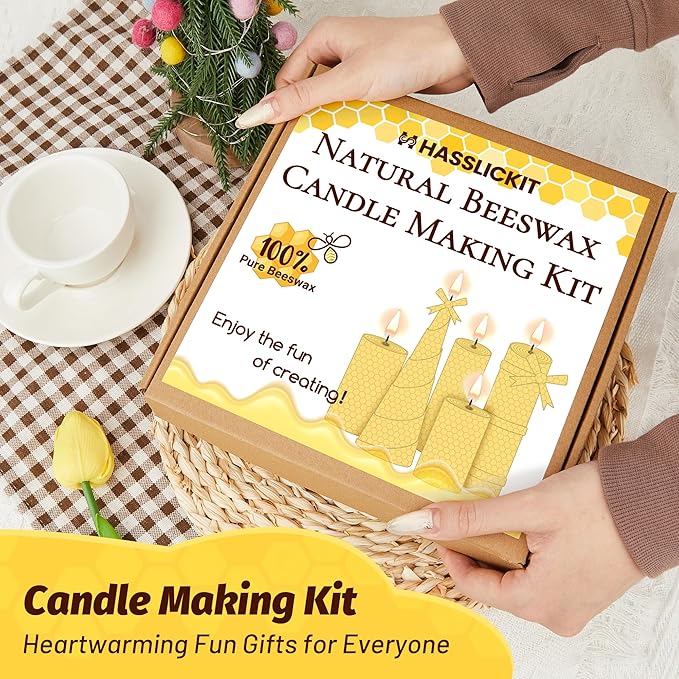 HASSLICKIT Natural Beeswax Candle Making Kit for Beginners-12 Beeswax Sheets for Candle Making Rolling DIY Kits (Natural Yellow Color, 8 x 8 inch)