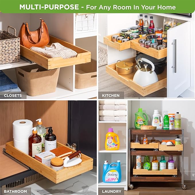 HOLDN’ STORAGE Bamboo Wooden Pull out Cabinet Organizer 14"W x 21"D Requires At Least a 15.25"W x 21"D Cabinet Opening W/Lifetime Limited Warranty, Bamboo Tray and Heavy Gauge Metal Rails