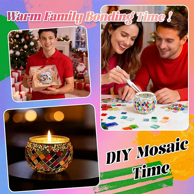 Joyclub DIY Mosaic Candle Holder Kit Mosaic Kits for Adults Stained Glass Tealight Candle Holder for Home Lighting Decor Girls Birthday Craft Gifts