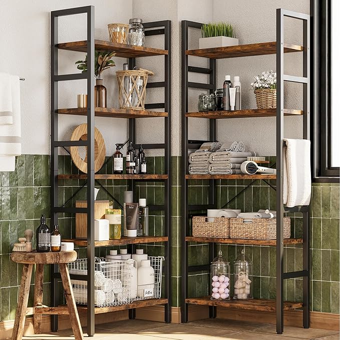 70x70 Triple 5 Tier Book Shelf, Large Wooden Bookcase with 17 Open Display Shelf, Modern Tree Bookshelf Metal Frame Tall Book Case Furniture for Living Room Bedroom Home Office Rustic Brown