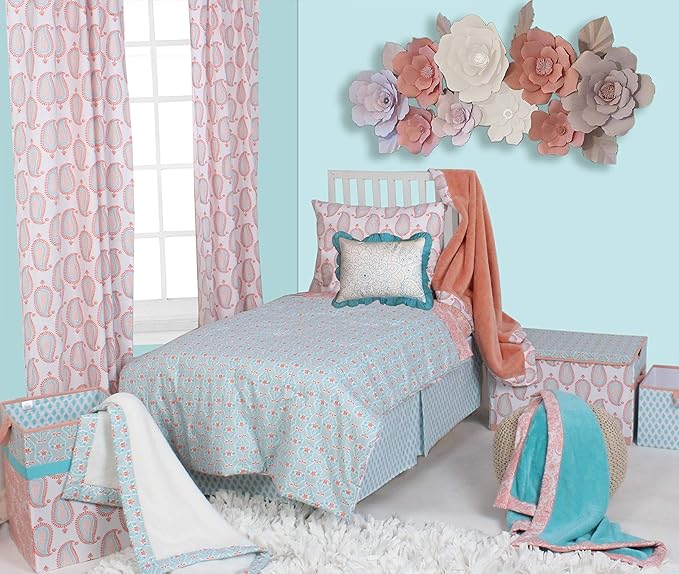 Bacati - Paisley Kids Storage (Laundary Hamper with Wooden Frame and Mesh Liner, Coral/Aqua)