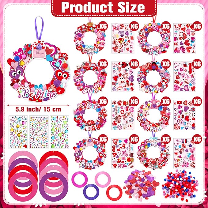 Hollowfly 48 Sets Valentine's Day Wreath Craft Kits DIY Heart Wreath Hanging Ornaments Valentines Make Your Own Paper Craft for Valentine's Day Home Party Activities