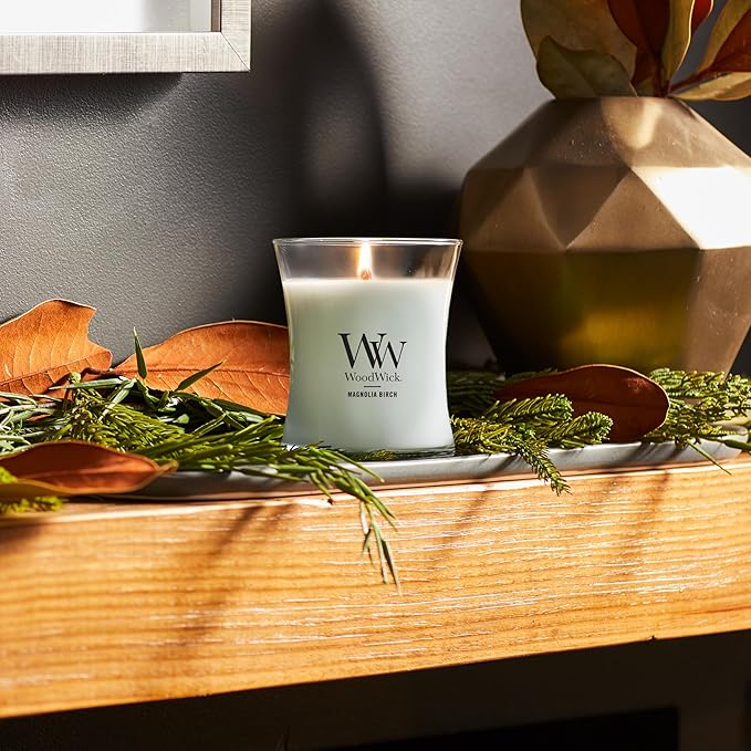 WoodWick Magnolia Birch Holiday Candle Gifts for Women and Men, 9.7 oz Medium Hourglass Candle with Crackling Wick