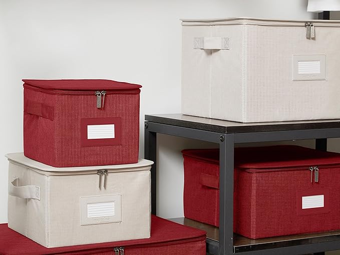 Covermates Keepsakes Zip-Top Storage Box Set, 3 Pack Heavy Duty Polyester Organizer Bins, Stackable Design, ID Window, Reinforced Handles, Closet Home Storage, Red Heather