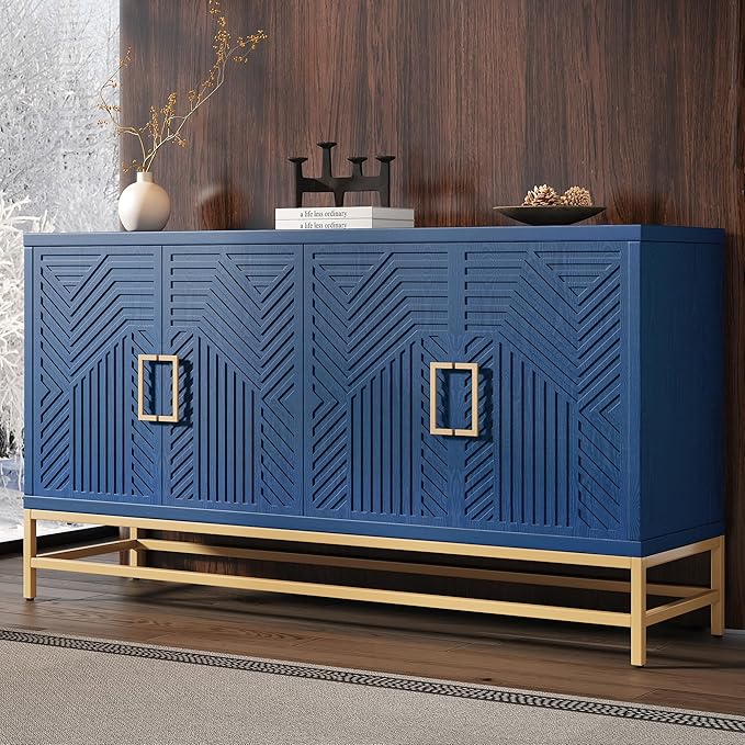 Amposei Accent Sideboard Cabinet 59.8-Inch Retro Credenza Console Storage Cabinet Dining Buffet Table with 4 Doors & Adjustable Shelves for Living Room Entrance, Navy